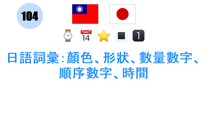 日語詞彙：顏色、形狀、數量數字、順序數字、時間